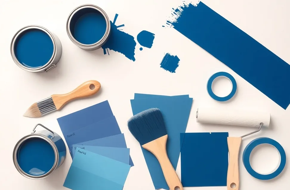 Pots de peinture, nuancier, brosses et rouleaux disposés à plat