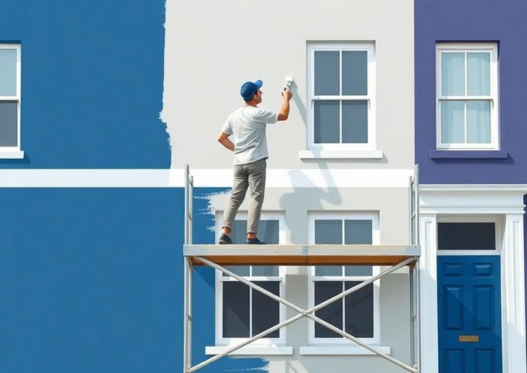 Peintre sur échafaudage traitant la façade d'une maison